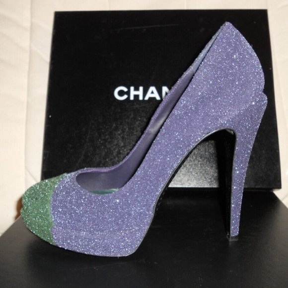 CHANEL 11A Glitter Leather Cap Toe Two Tone Platform Pumps Shoes - Picture 1 of 12